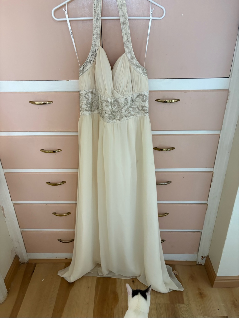 Oleg Cassini Cream Halter Maxi Gown with Metallic Embellished Waist